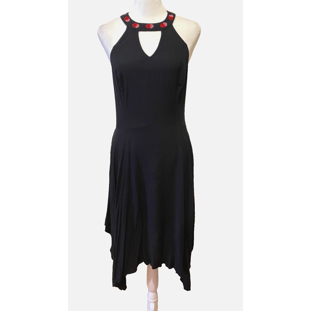 Candies Vintage Y2K Halter Dress Floral Embroidered Black Size M Shark Bite Hem